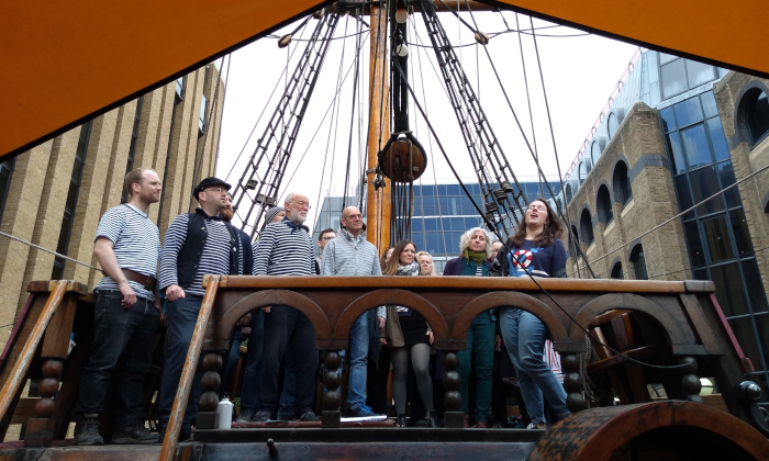 The London Sea Shanty Collective singing on the Golden Hinde